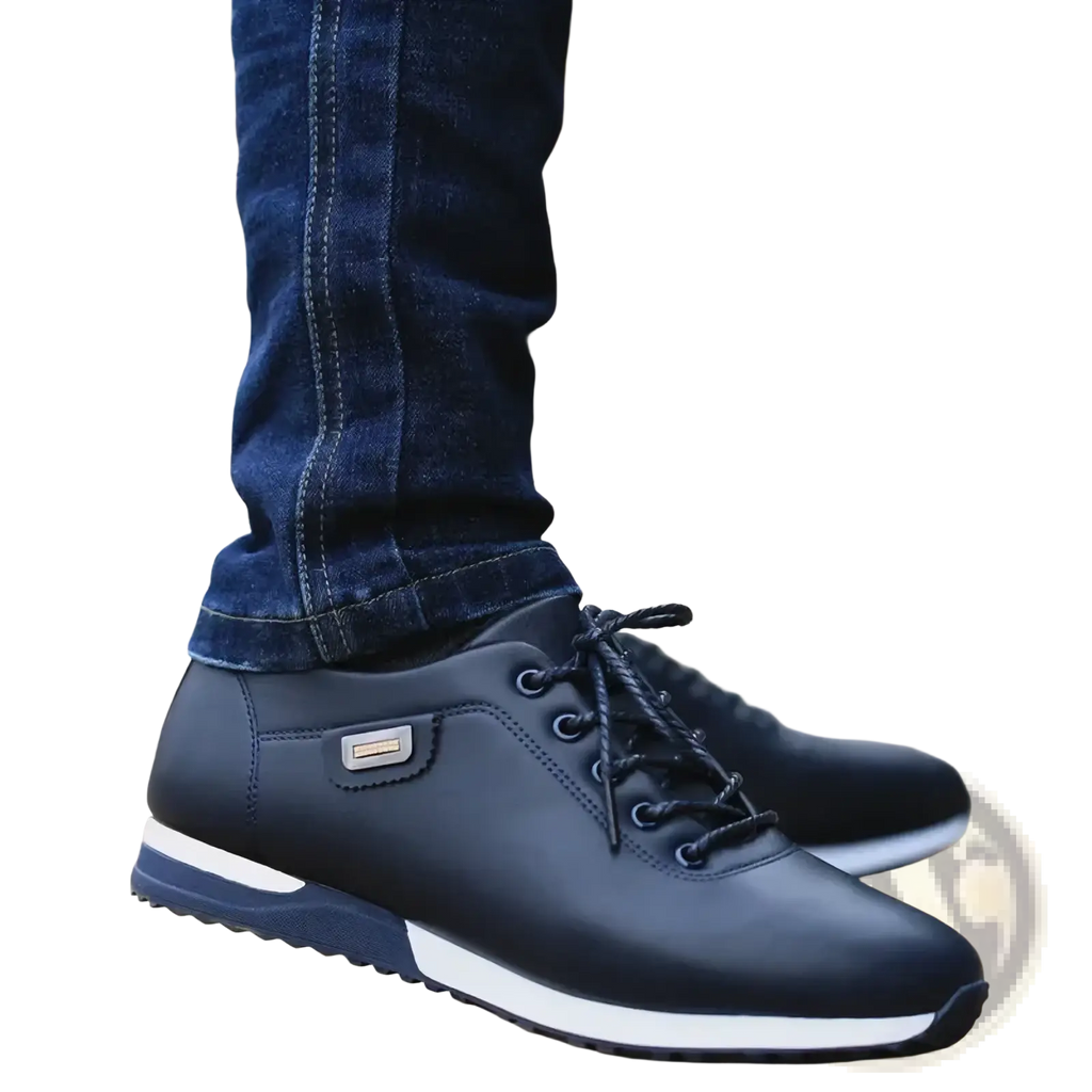 Men casual leather sneakers in black with lace-up design white rubber sole and navy blue accents for walking shoes