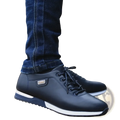 Men casual leather sneakers in black with lace-up design white rubber sole and navy blue accents for walking shoes