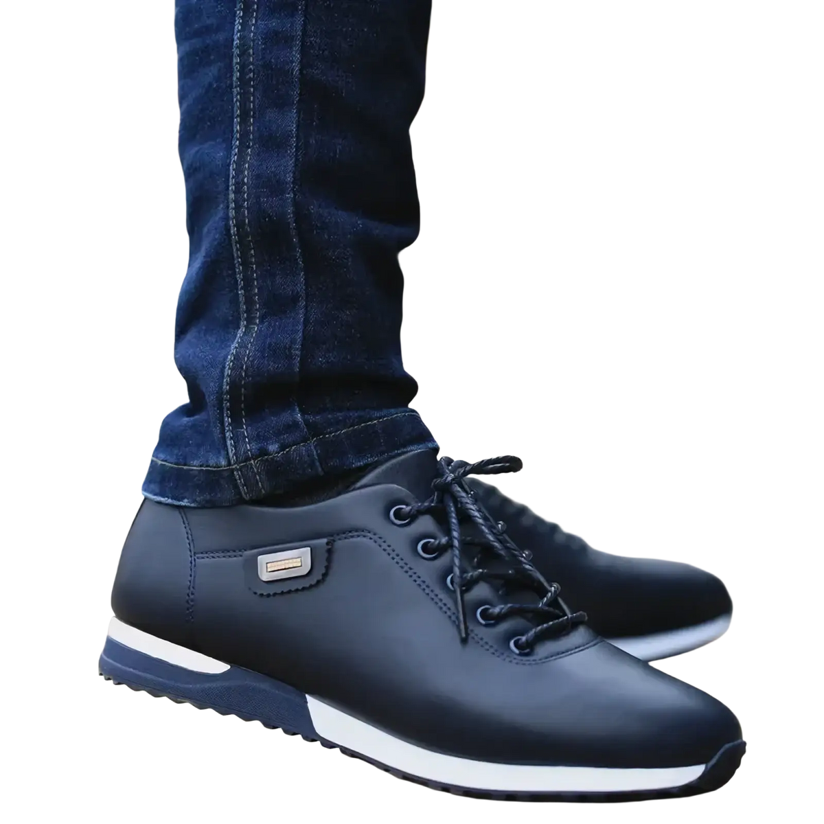 Men casual leather sneakers in black with lace-up design white rubber sole and navy blue accents for walking shoes