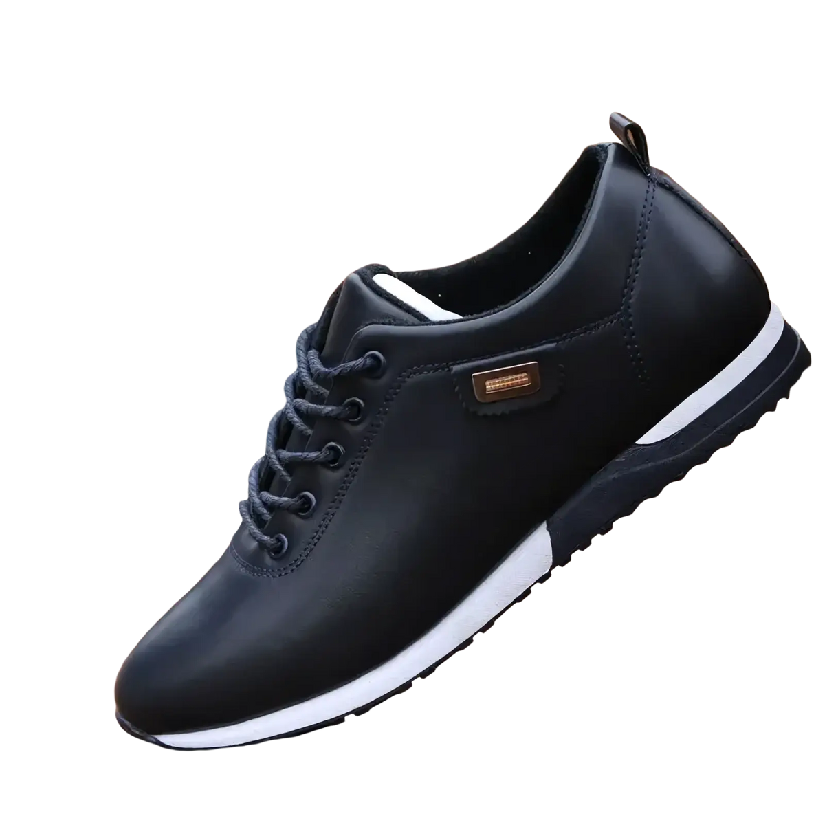 Men casual leather sneakers black lace-up with white rubber soles and gold-tone brand patch for walking shoes