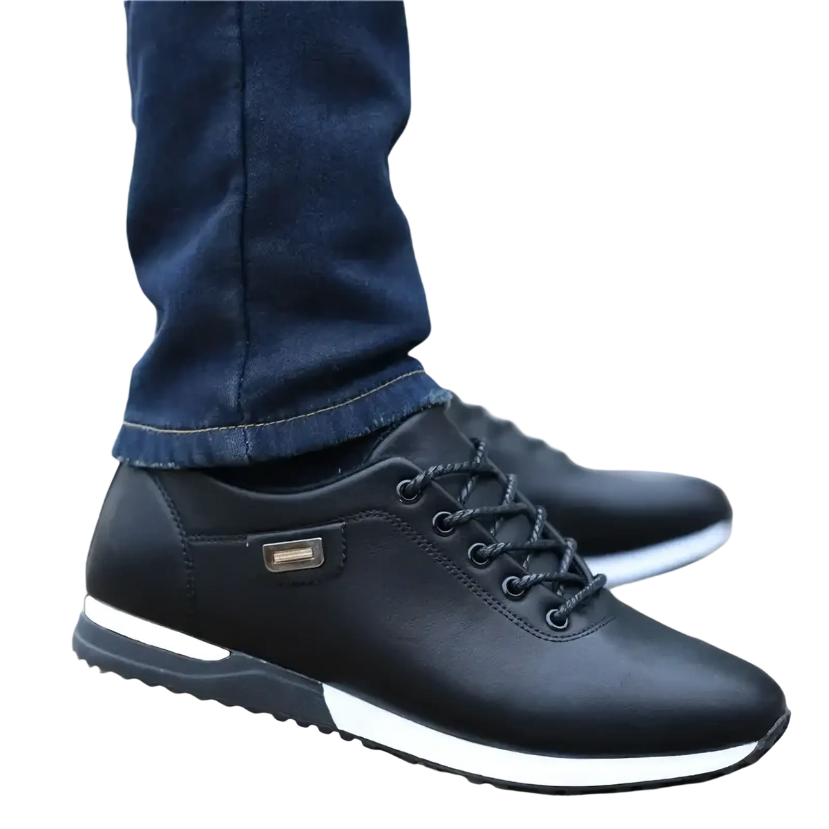 Men casual leather sneakers black lace-up with white midsole designed for walking and everyday use
