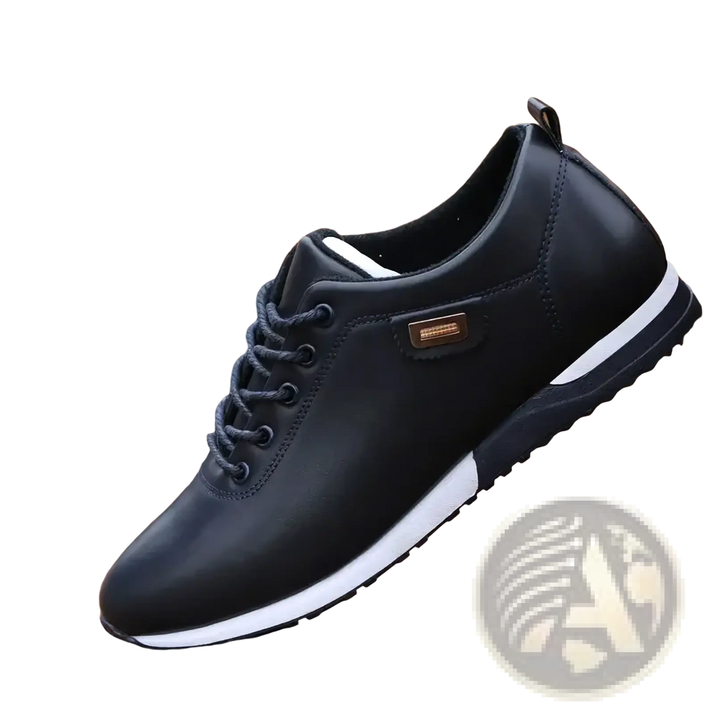 Men casual leather sneakers black lace-up with white rubber soles and gold-tone brand patch for walking shoes