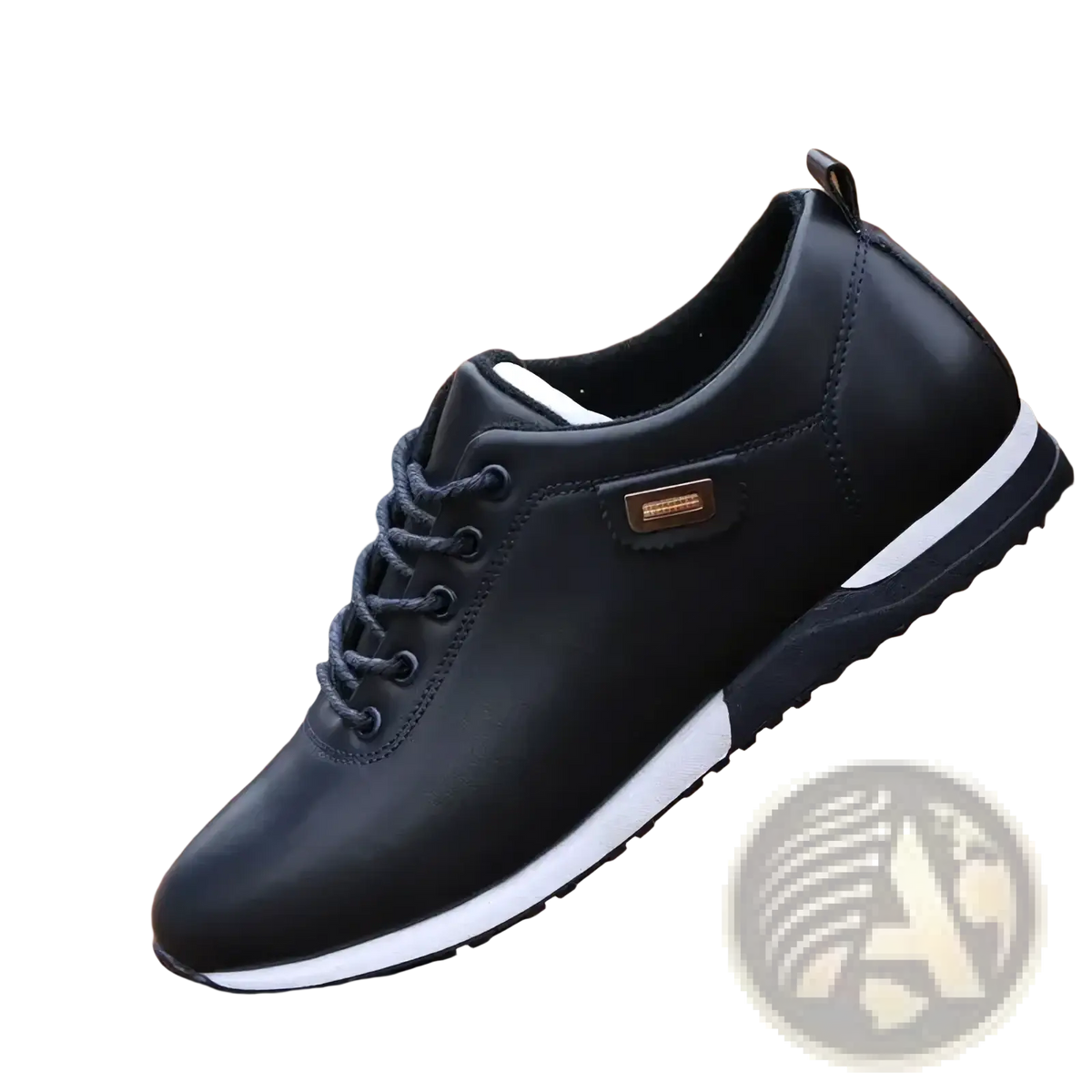 Men casual leather sneakers black lace-up with white rubber soles and gold-tone brand patch for walking shoes