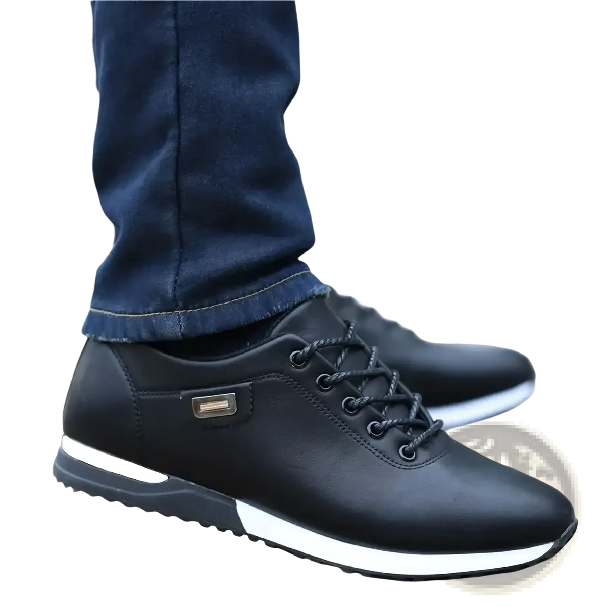 Men casual leather sneakers black lace-up with white midsole designed for walking and everyday use