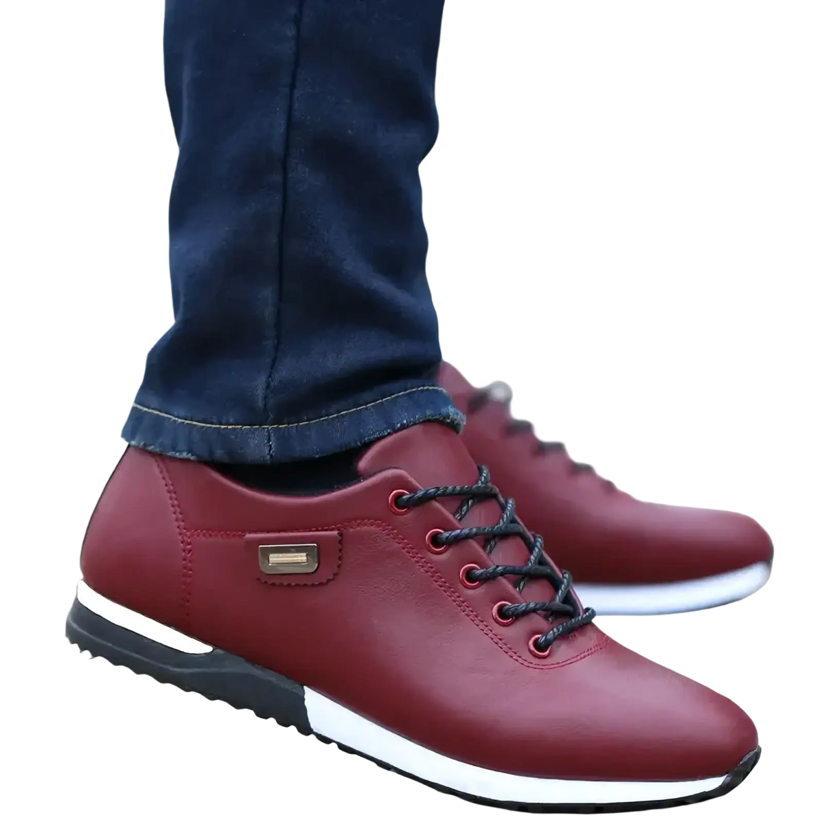 Men casual leather sneakers walking shoes in maroon with black laces and white midsole for everyday use