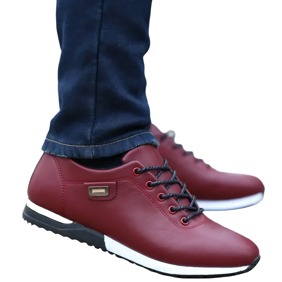 Men casual leather sneakers walking shoes featuring maroon leather, black laces, and a white midsole