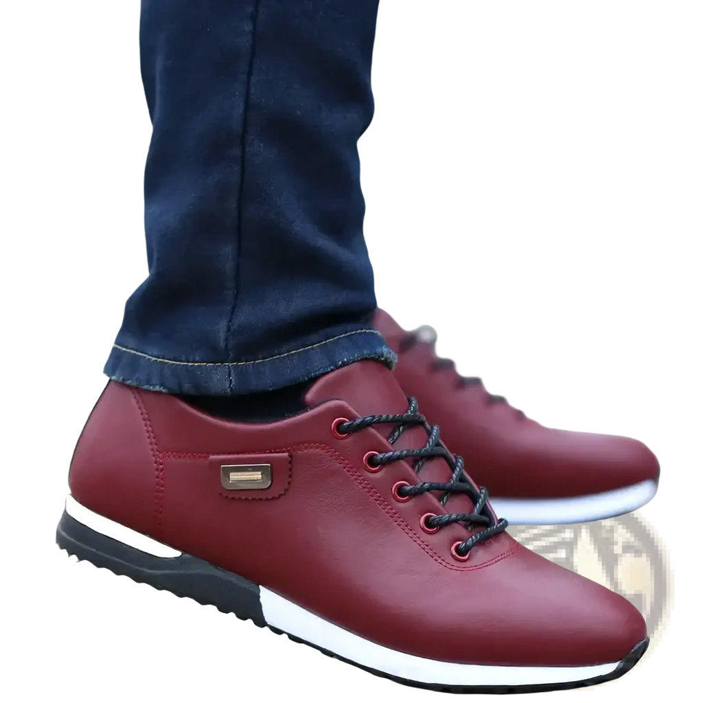 Men casual leather sneakers walking shoes in maroon with black laces and white midsole for everyday use