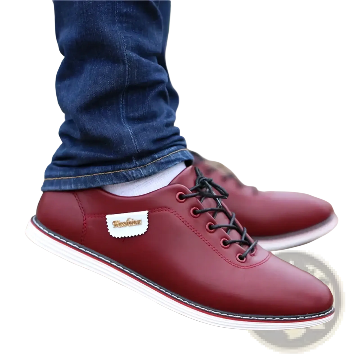 Men casual leather sneakers walking shoes in maroon leather with white rubber soles and black laces