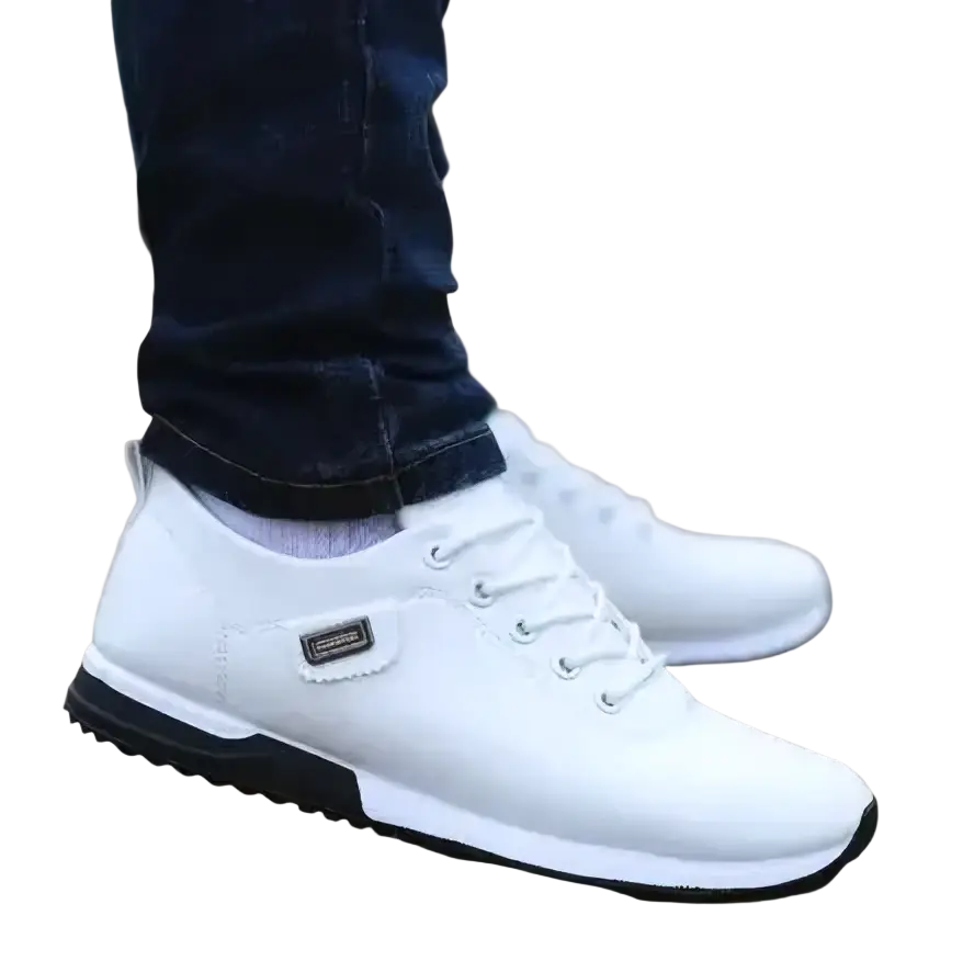 Men casual leather sneakers walking shoes in white with black rubber soles and laces featuring sleek design and branding