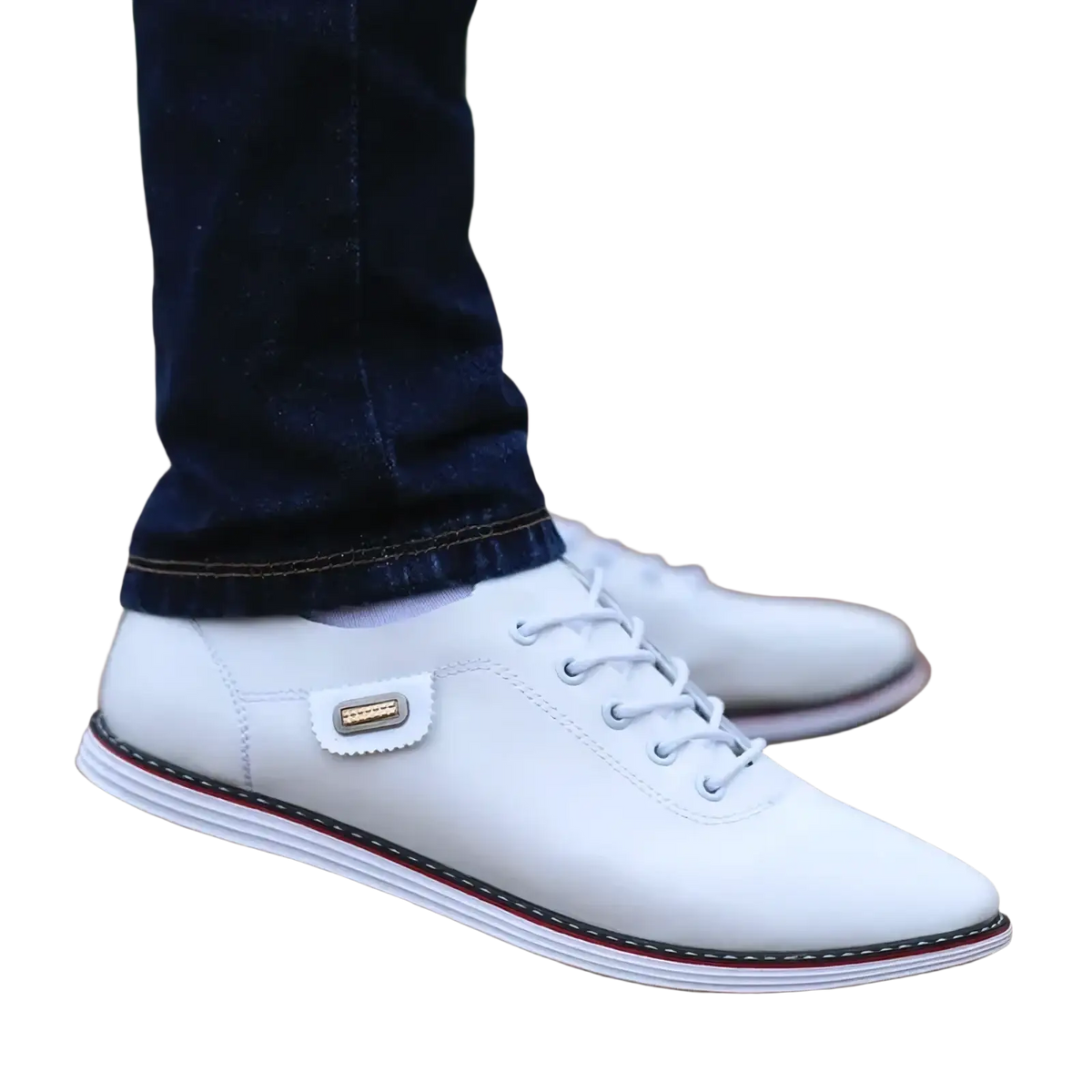 Men casual leather sneakers walking shoes in white with red and black sole trim and metallic side plaque
