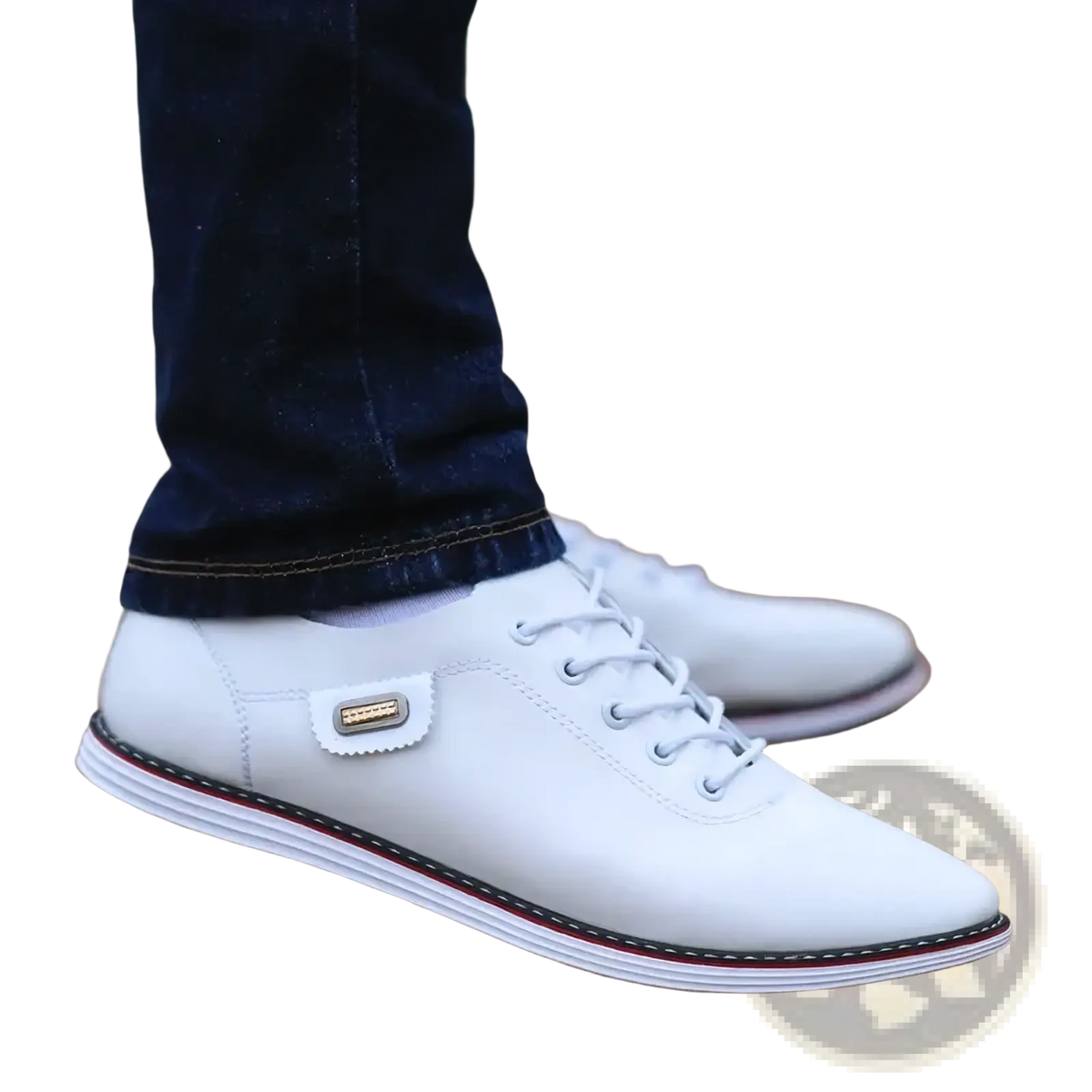 Men casual leather sneakers walking shoes in white with red and black sole trim and metallic side plaque