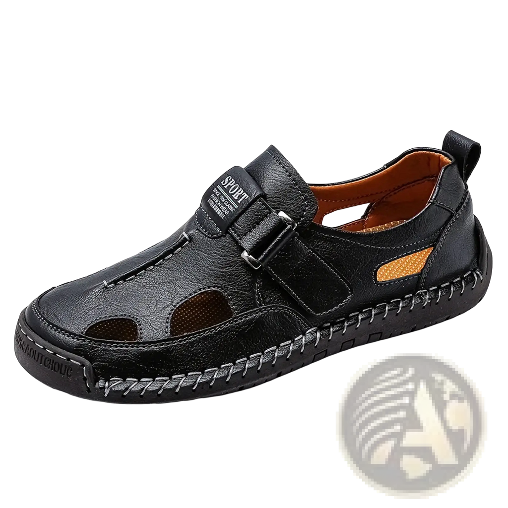 Black leather sport sandals with breathable perforations and velcro strap for men casual outdoor summer wear