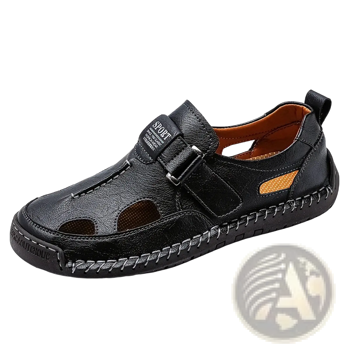 Black leather sport sandals with breathable perforations and velcro strap for men casual outdoor summer wear