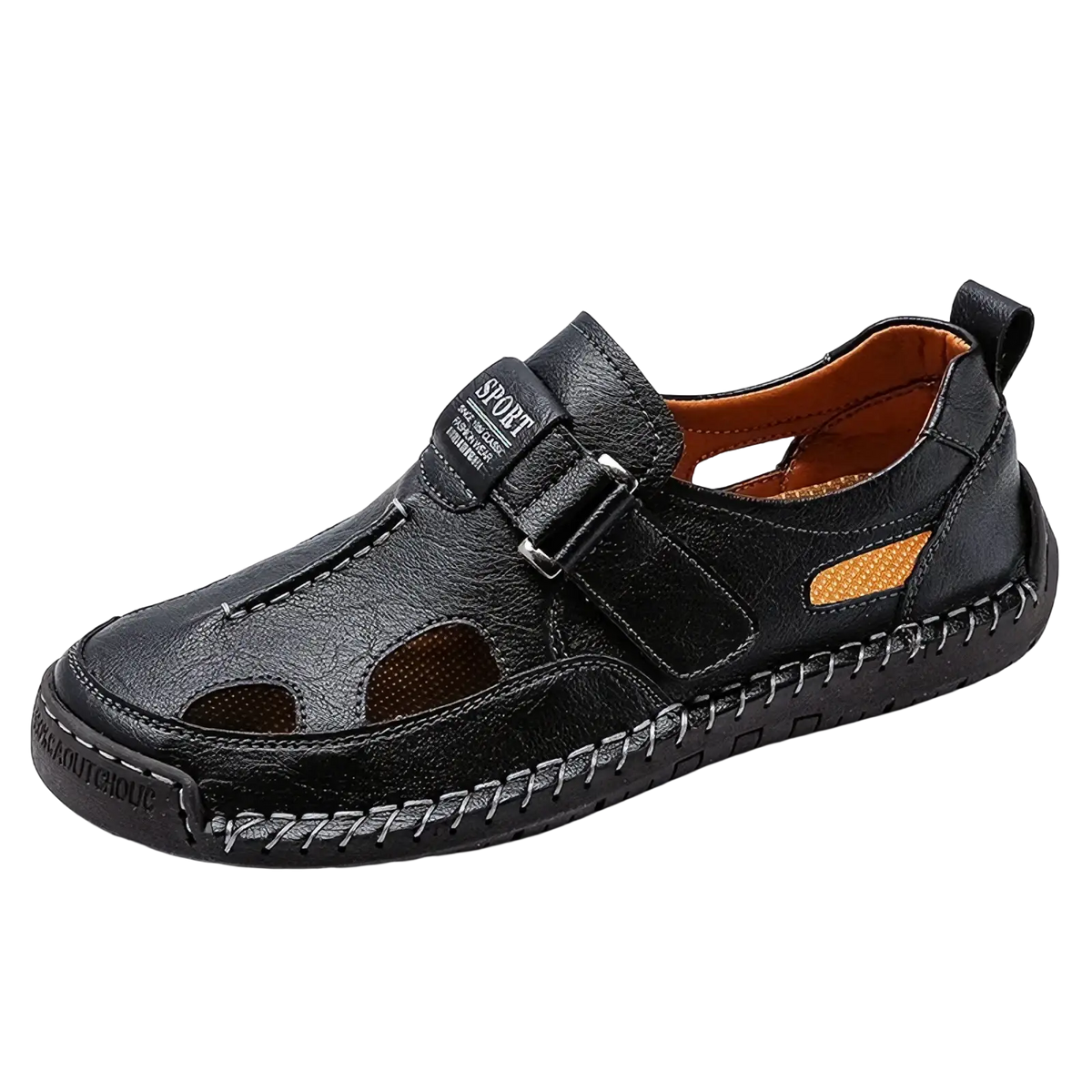 Black leather sport sandals with breathable perforations and velcro strap for men casual outdoor summer wear