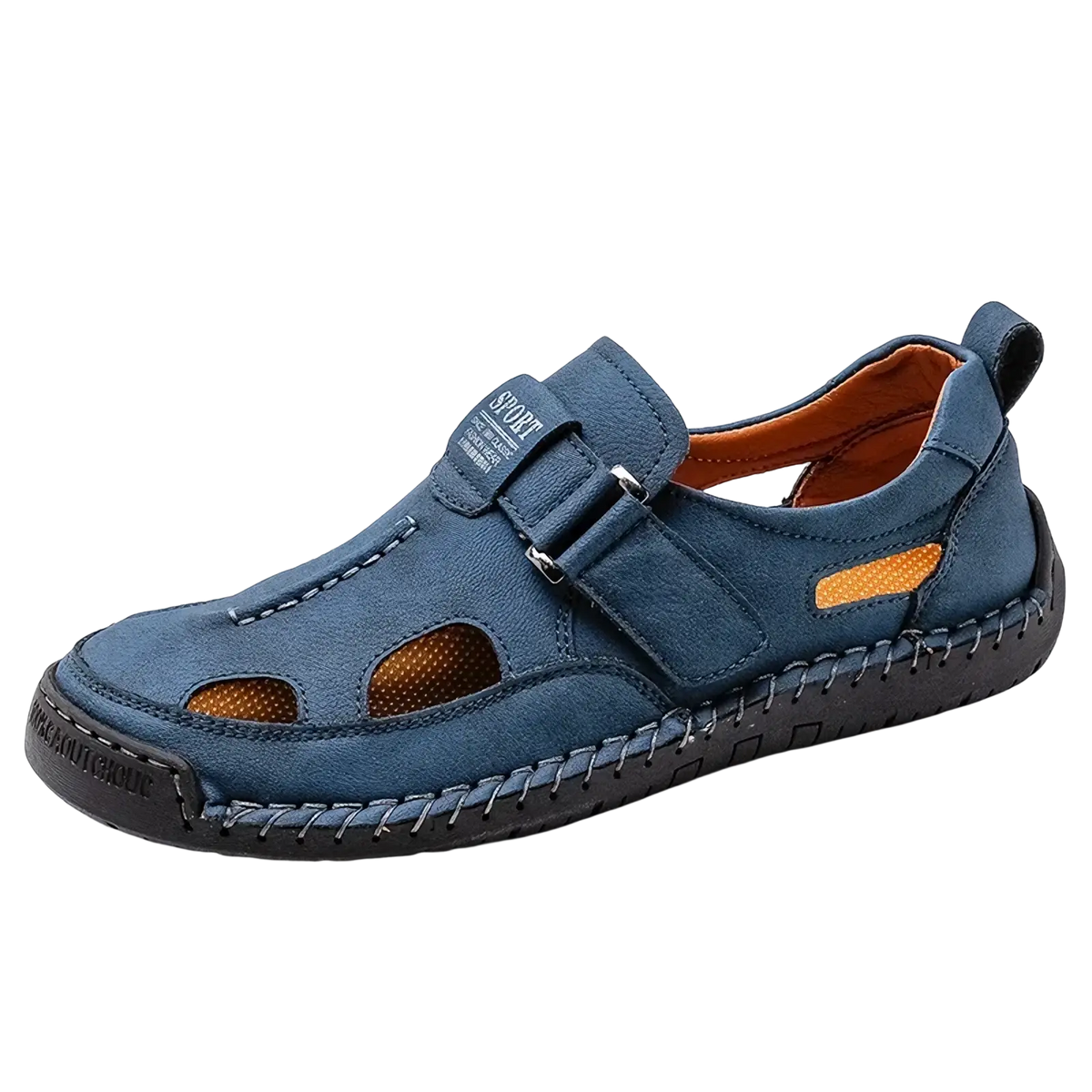 Men casual leather summer slip-on sandal in blue with orange perforated accents and a black rubber sole for outdoor use