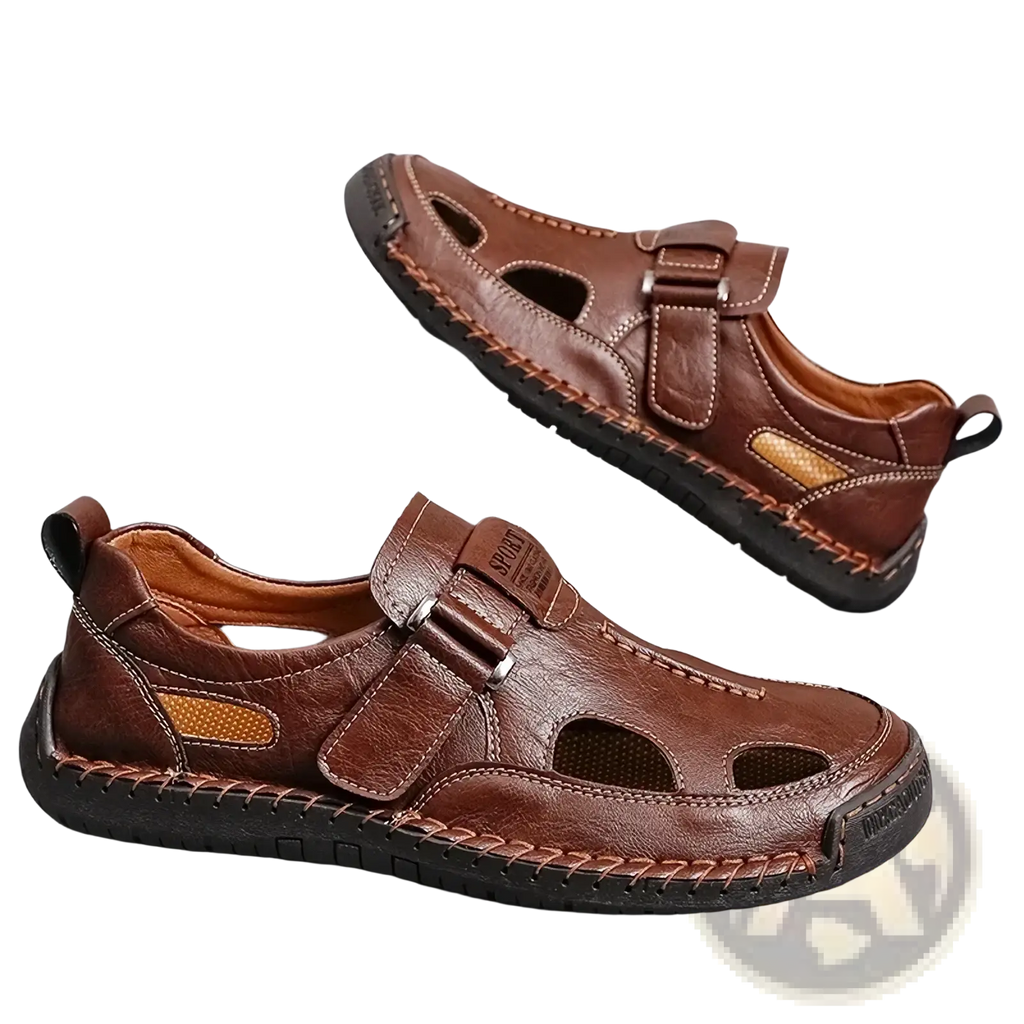 Brown leather men casual summer sandals with velcro strap and perforated breathable outdoor design