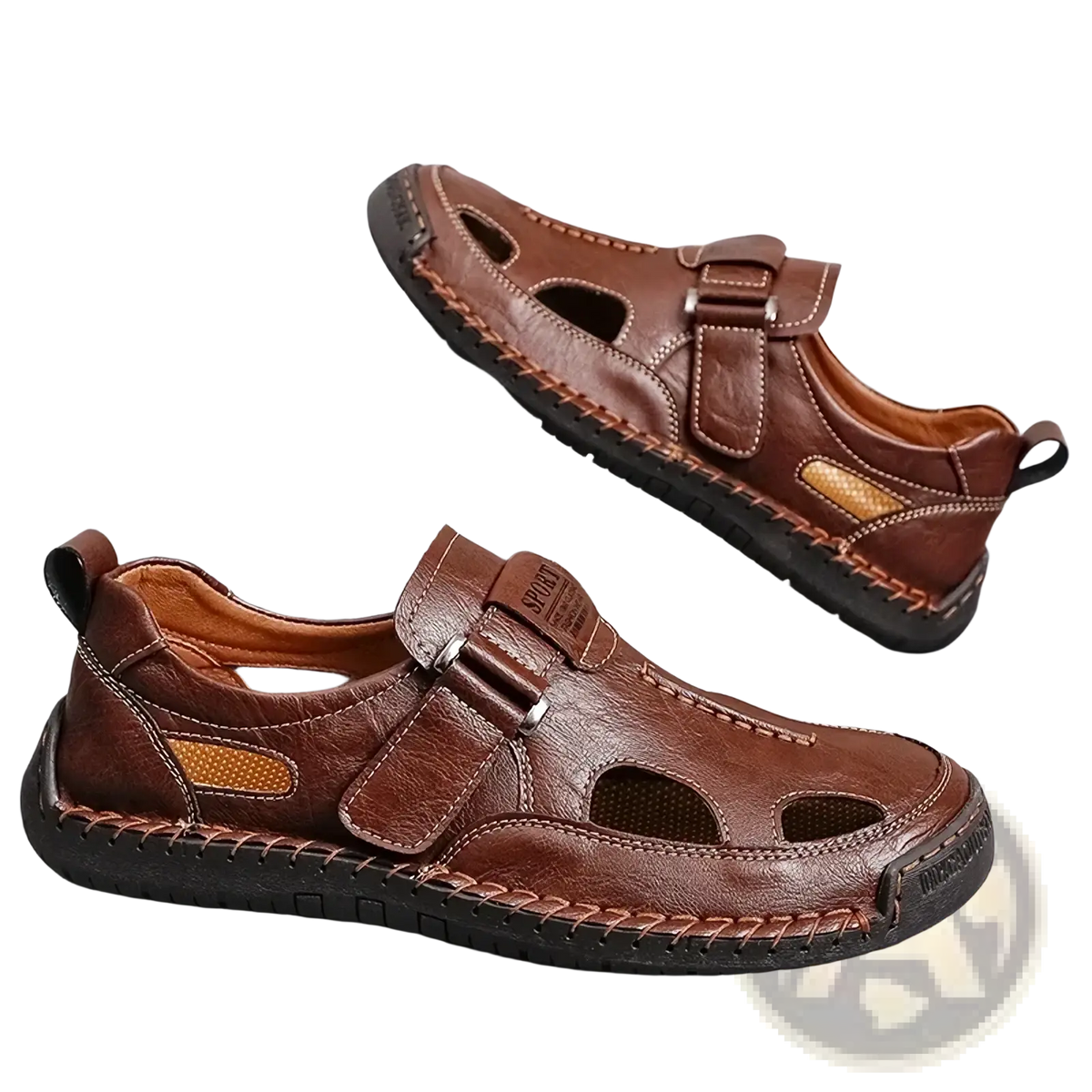 Brown leather men casual summer sandals with velcro strap and perforated breathable outdoor design