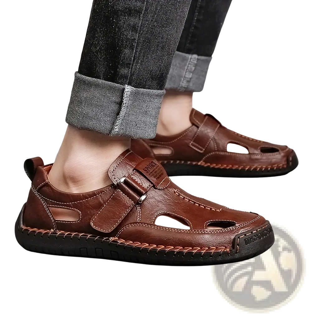 Brown leather men casual summer sandals with breathable cut-out upper and strap buckle closure for outdoor use