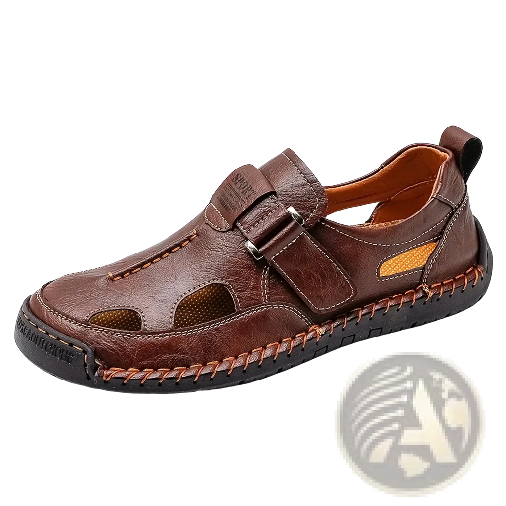 Men casual brown leather sandals with strap buckle closure and orange accents for breathable outdoor summer use