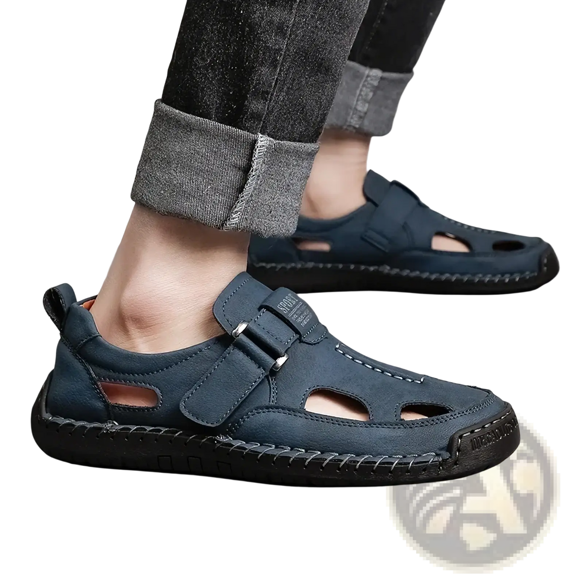 Dark blue suede men casual leather summer sandals with velcro strap and cutout details for breathable outdoor use