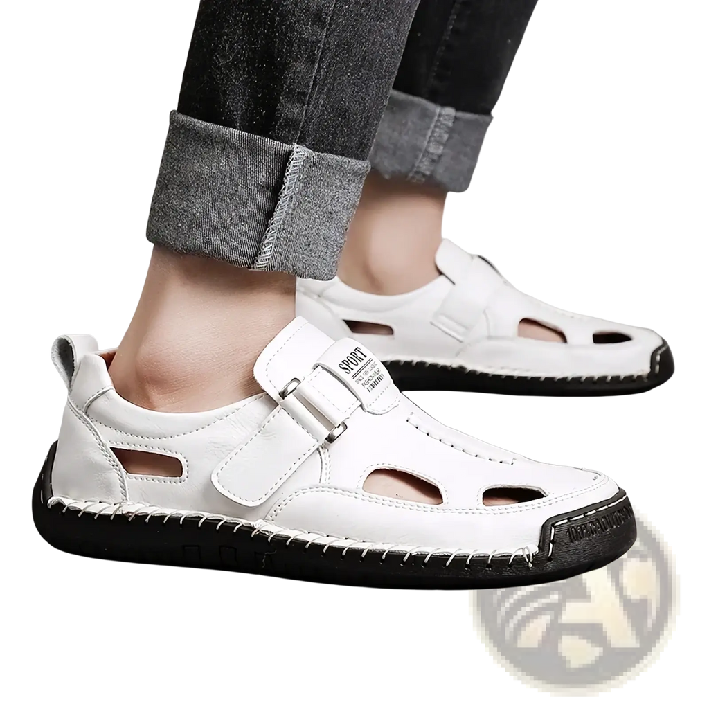 Men casual leather summer sandals in white with black rubber soles and adjustable strap closures for outdoor use