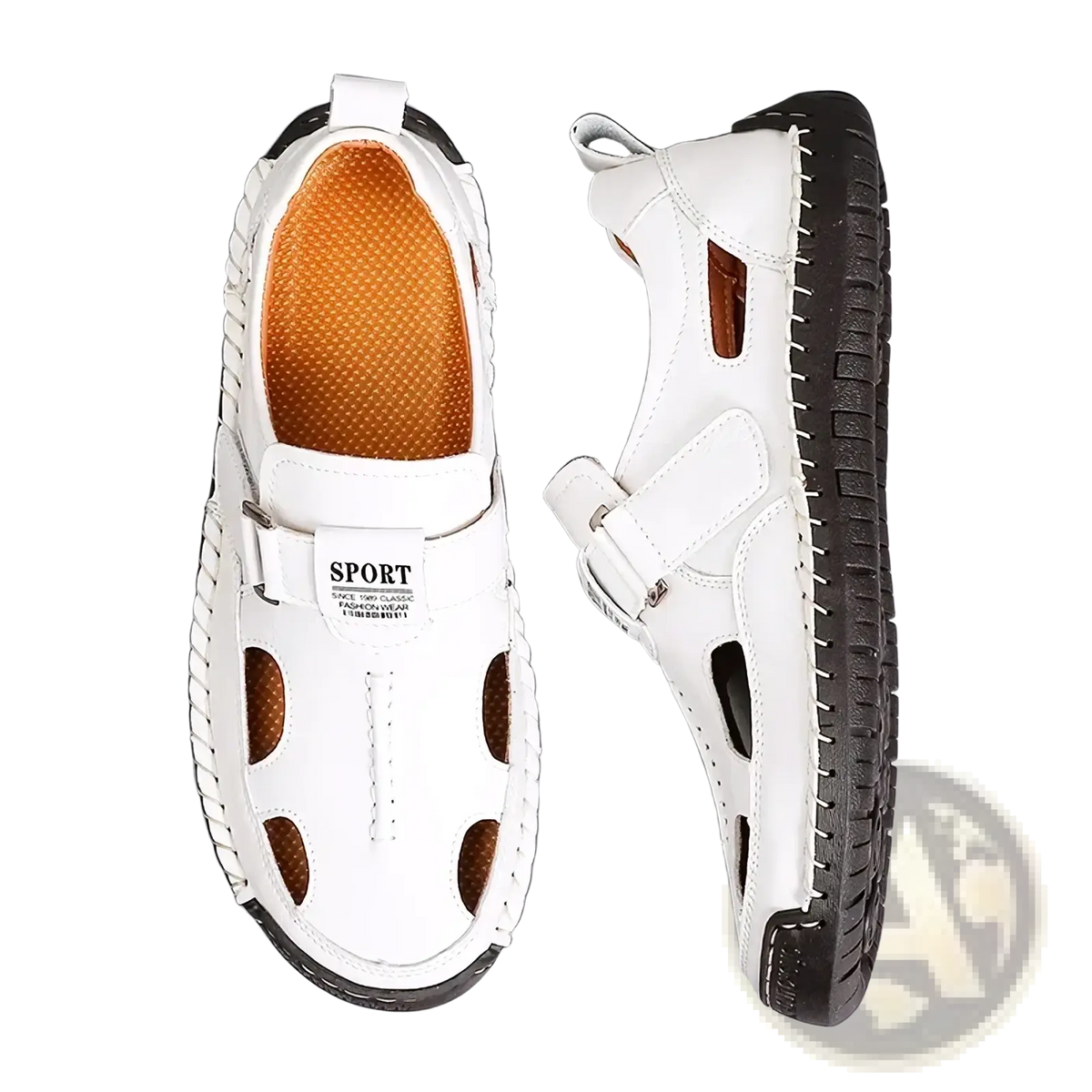 Men casual white leather sport sandals with black rubber soles and brown perforated insoles for outdoor summer use