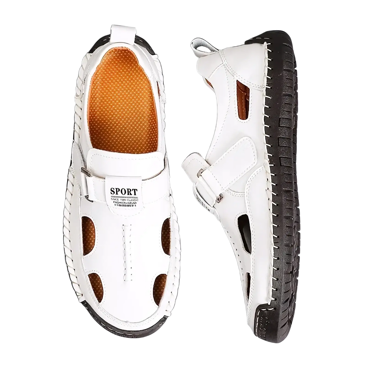 Men casual white leather sport sandals with black rubber soles and brown perforated insoles for outdoor summer use