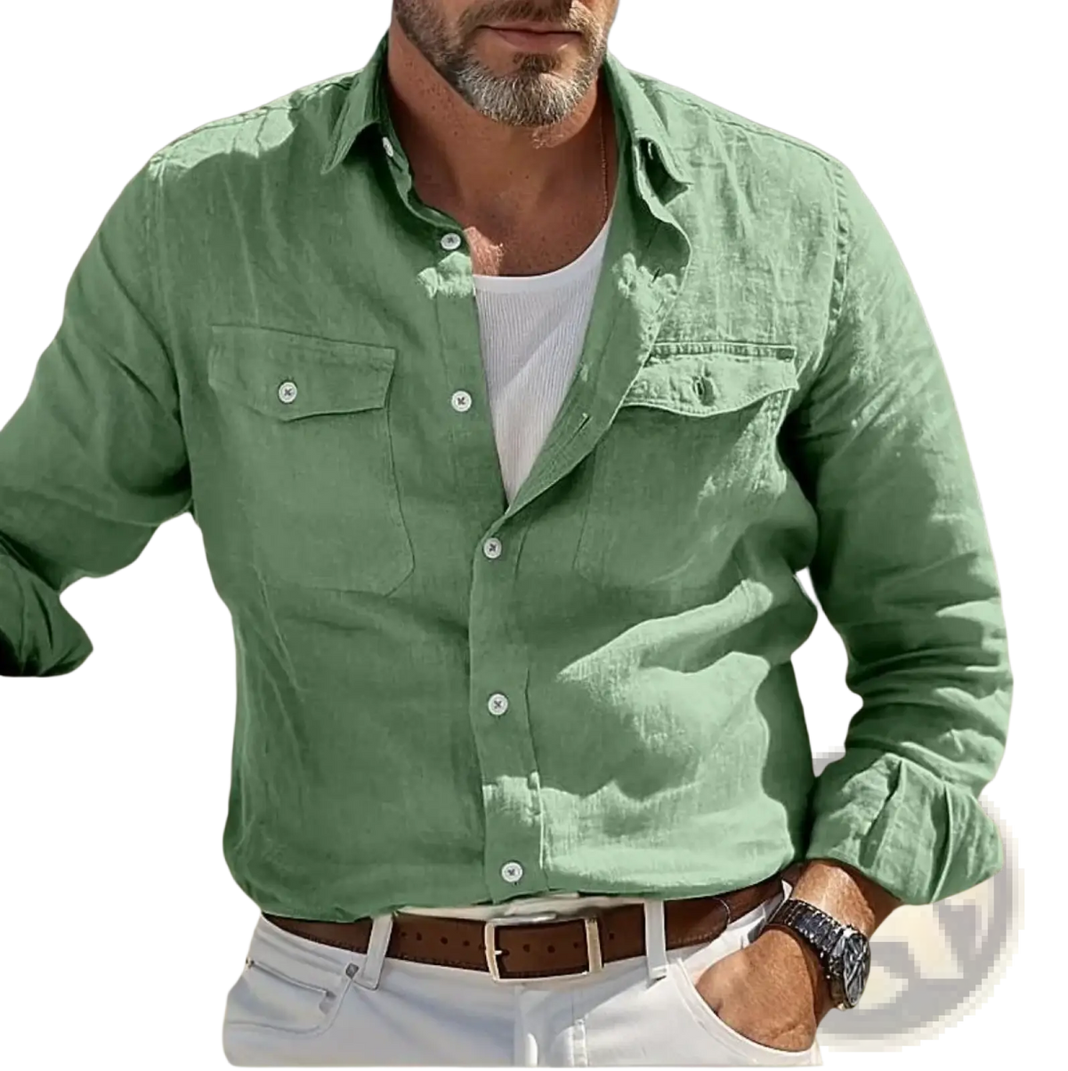 A man wearing a light green linen long-sleeved men casual button up shirt with two chest pockets and white buttons