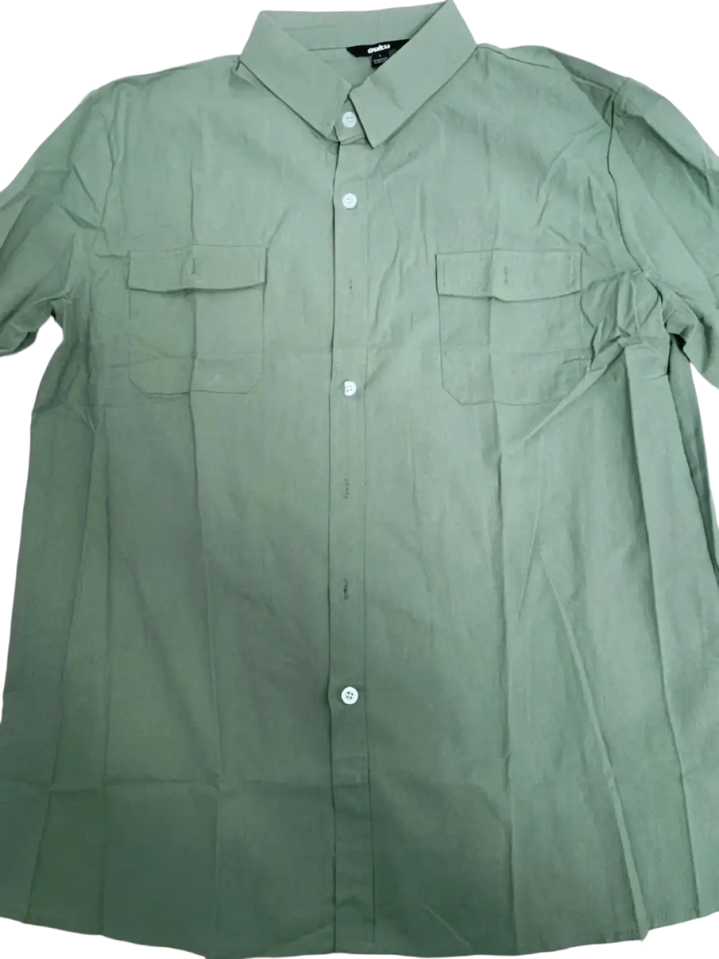 Men casual linen button up shirt in muted green with short sleeves two chest pockets and classic collar