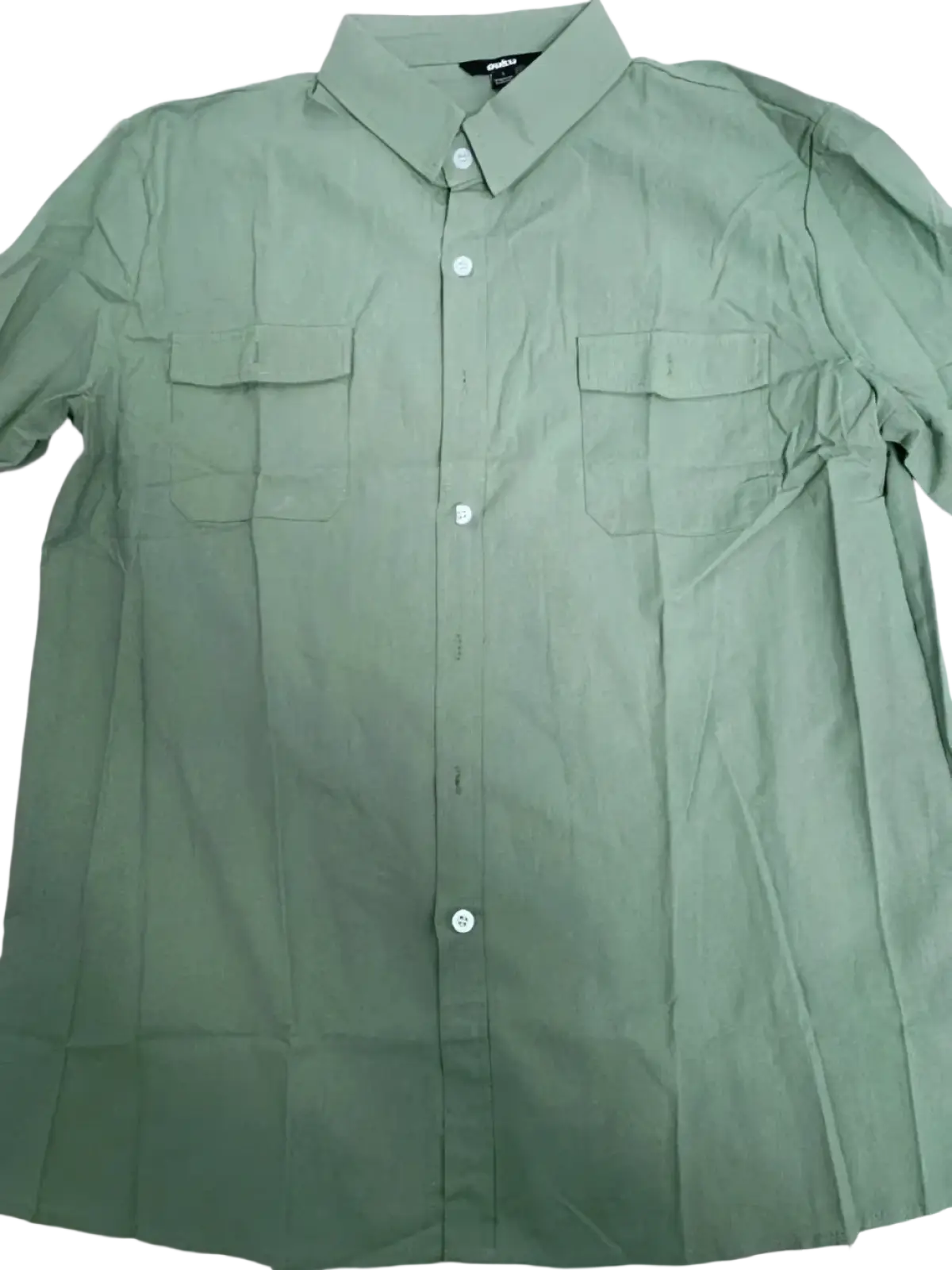 Men casual linen button up shirt in muted green with short sleeves two chest pockets and classic collar