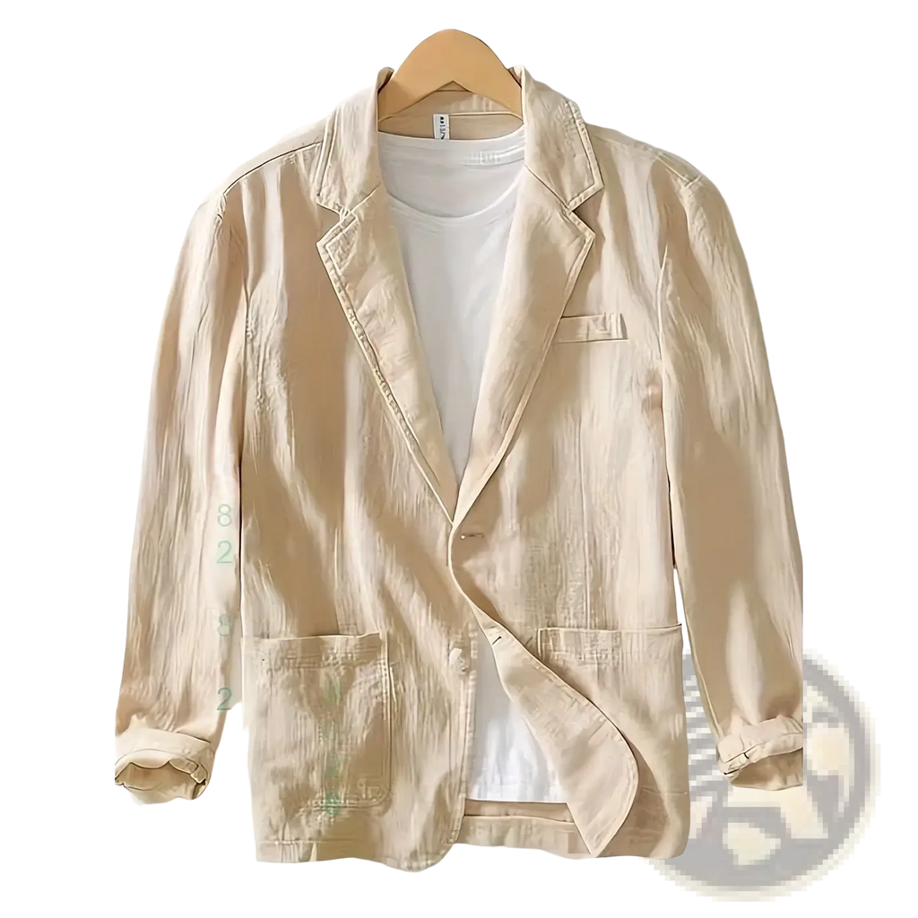 Beige men casual linen cotton blazer with rolled-up sleeves and subtle vertical text detailing on the left sleeve