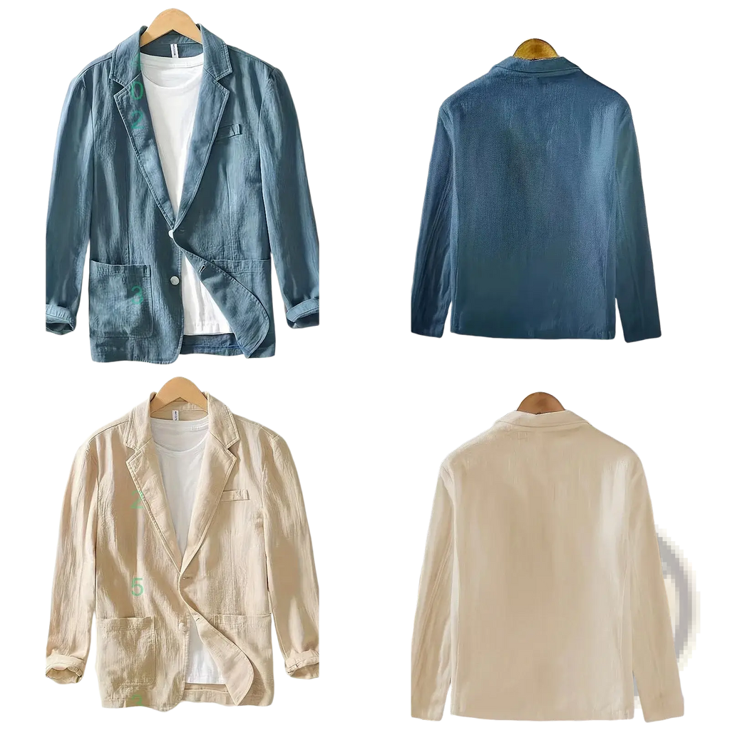 Men casual linen cotton blazer in blue and beige with button closures and patch pockets for spring wear