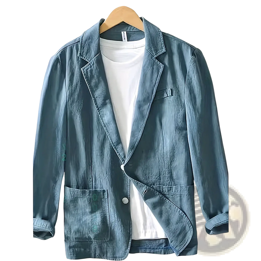 A light blue denim men casual linen cotton blazer spring jacket with single button closure and rolled-up sleeves