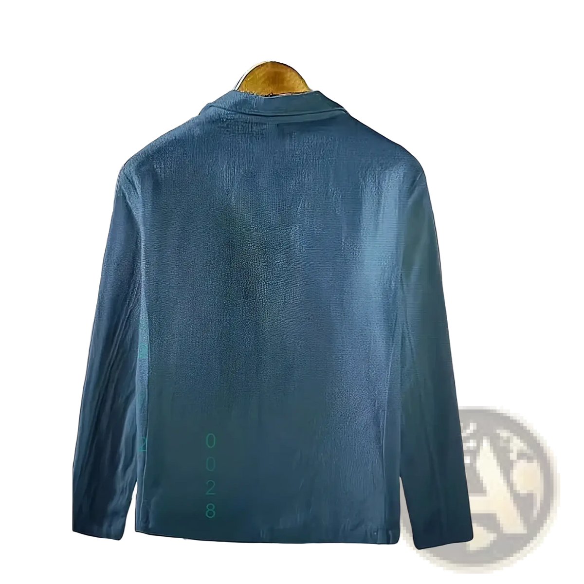 Back view of navy blue men casual linen cotton blazer with subtle texture and vertical green numbering on the fabric