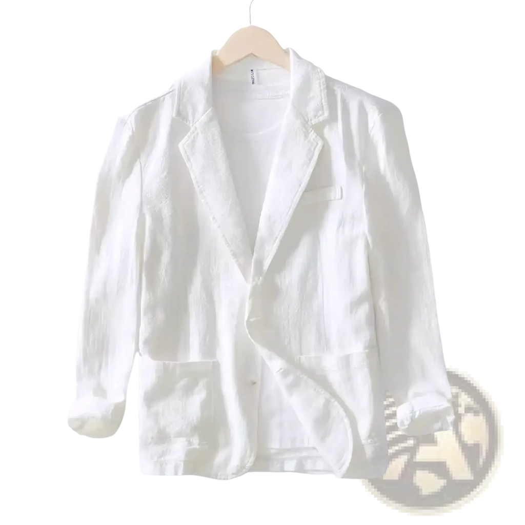 Men casual linen cotton blazer in white with relaxed fit and rolled-up sleeves for spring wear