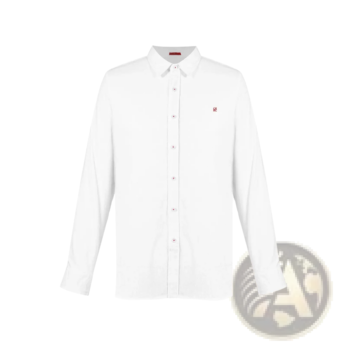Men casual linen long sleeve button down shirt in white with subtle red logo on the left chest