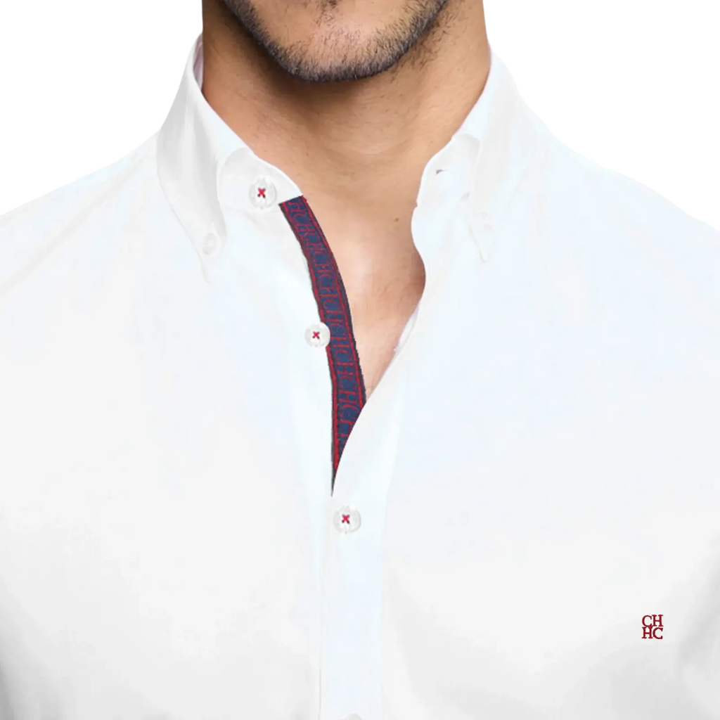 Men casual linen long sleeve button down shirt in white with red and navy patterned placket and red x buttons