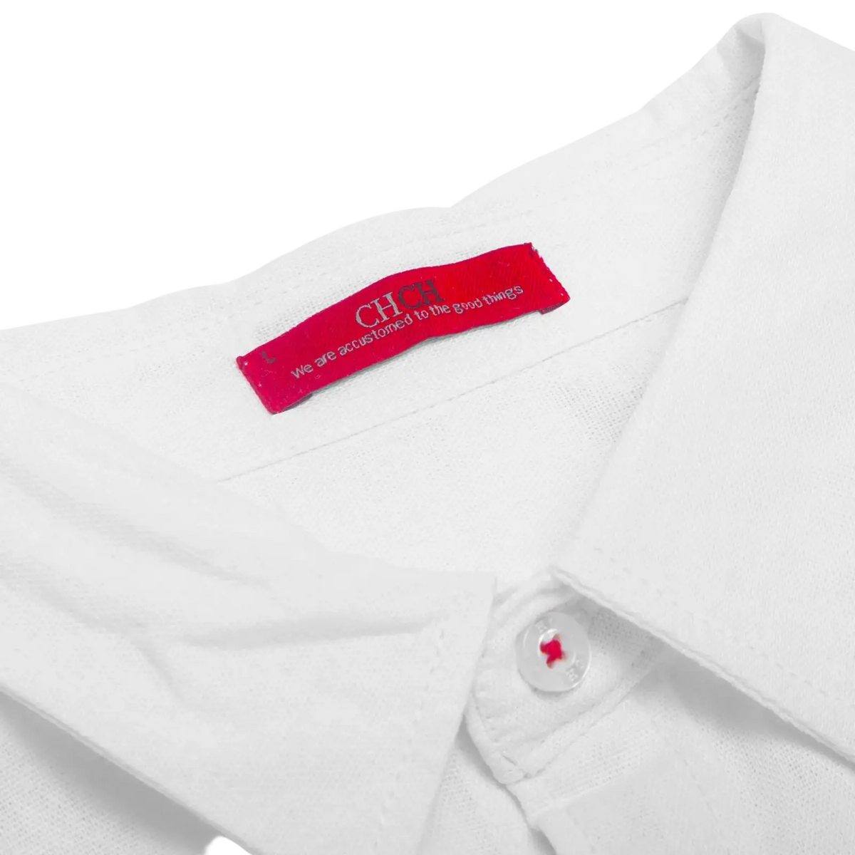 Men casual linen long sleeve button down shirt in white with red chic tag and clear buttons with red embroidery
