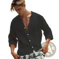 Men casual long sleeve black button up shirt with v neck and rolled sleeves in solid color design