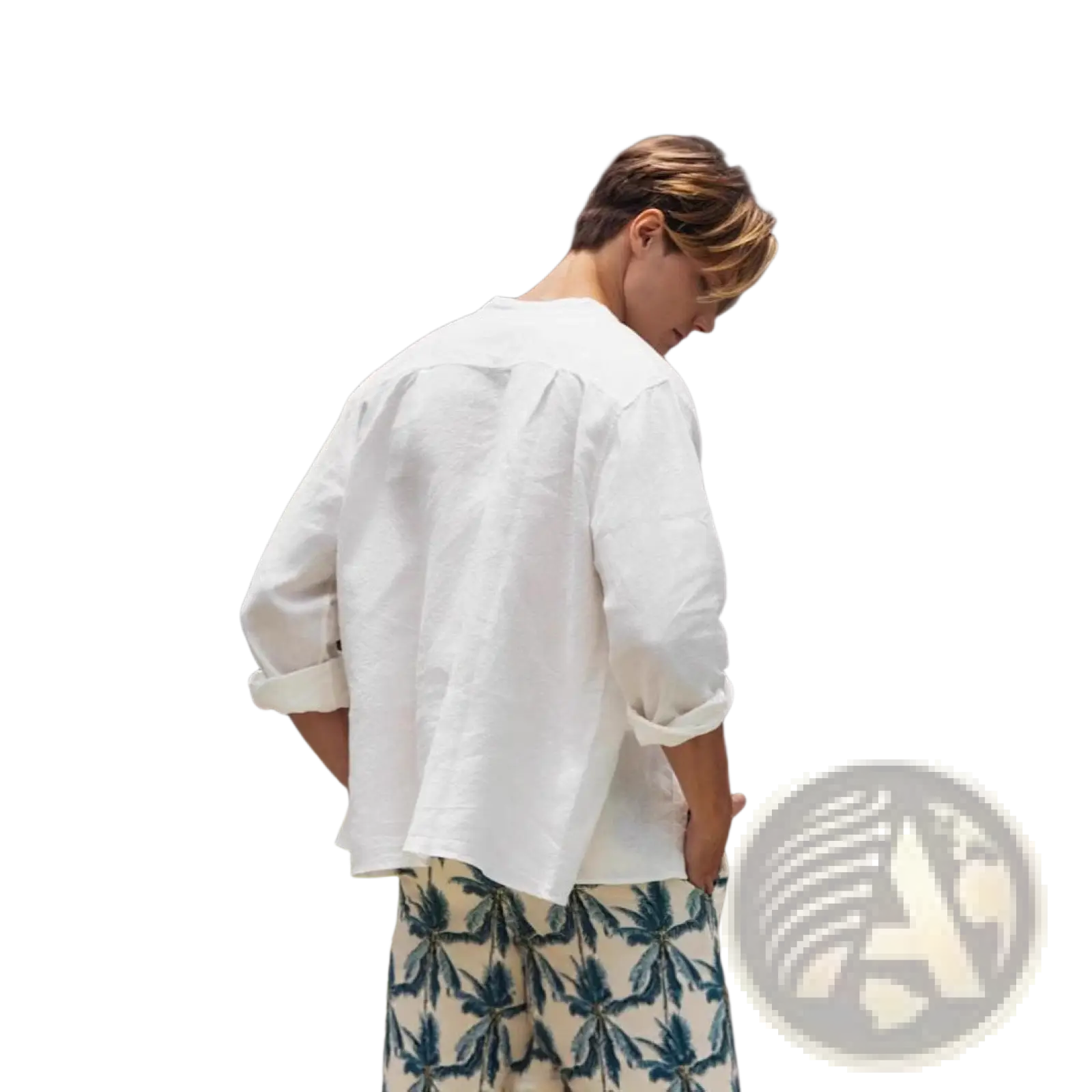 White linen men casual long sleeve button up shirt with solid color and rolled up sleeves for a stylish look