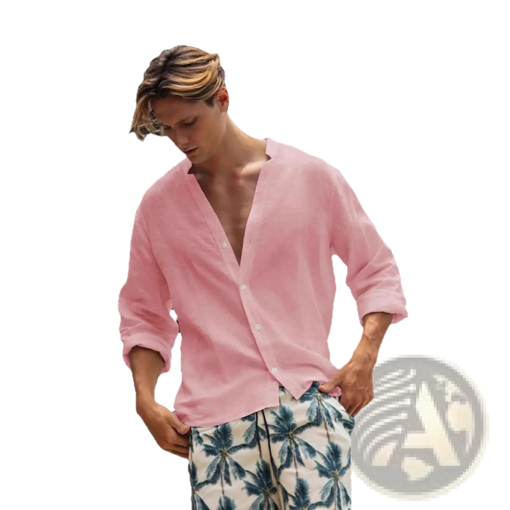 Men casual long sleeve button up shirt in light pink linen with rolled up sleeves for a stylish solid color look