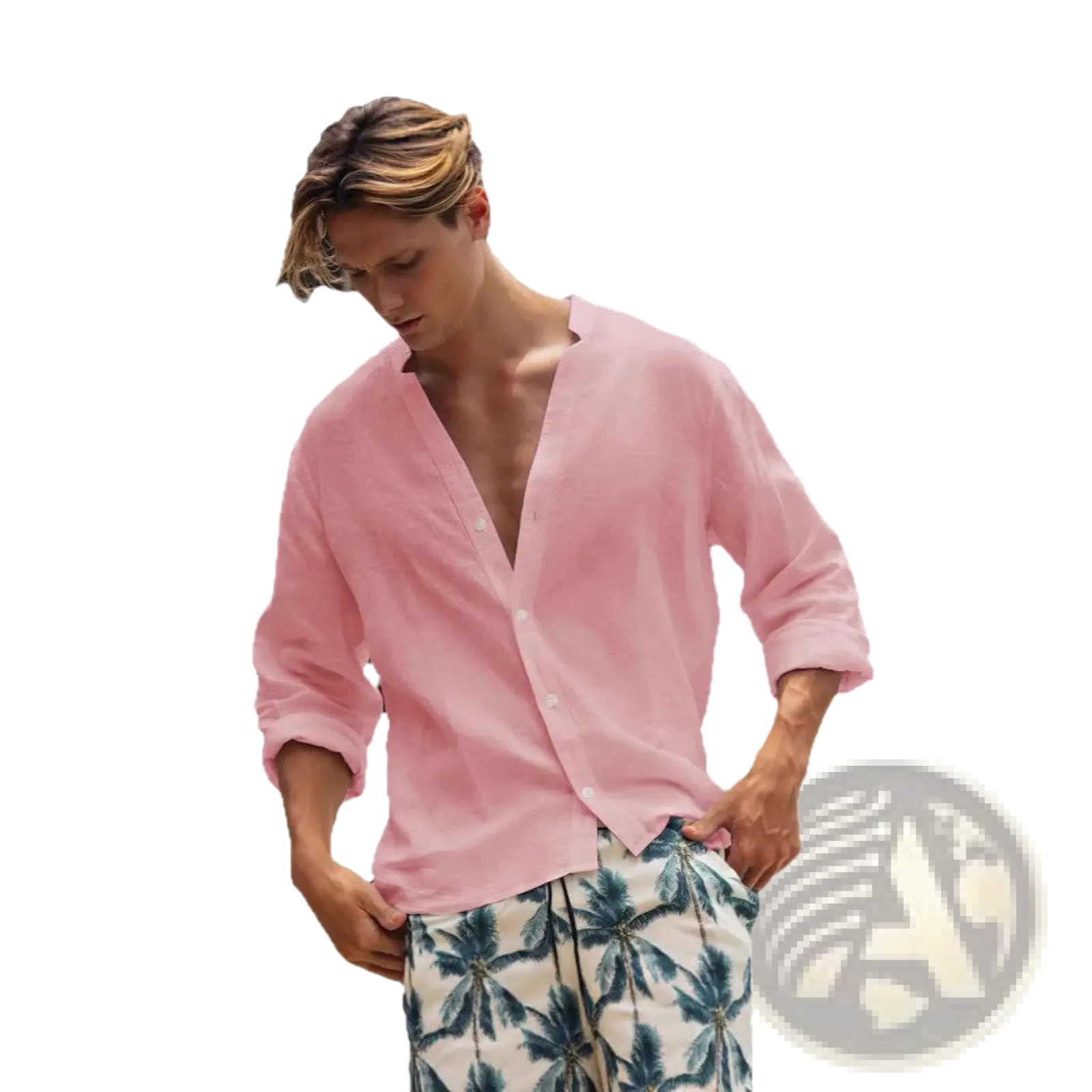 Men casual long sleeve button up shirt in light pink linen with rolled up sleeves for a stylish solid color look