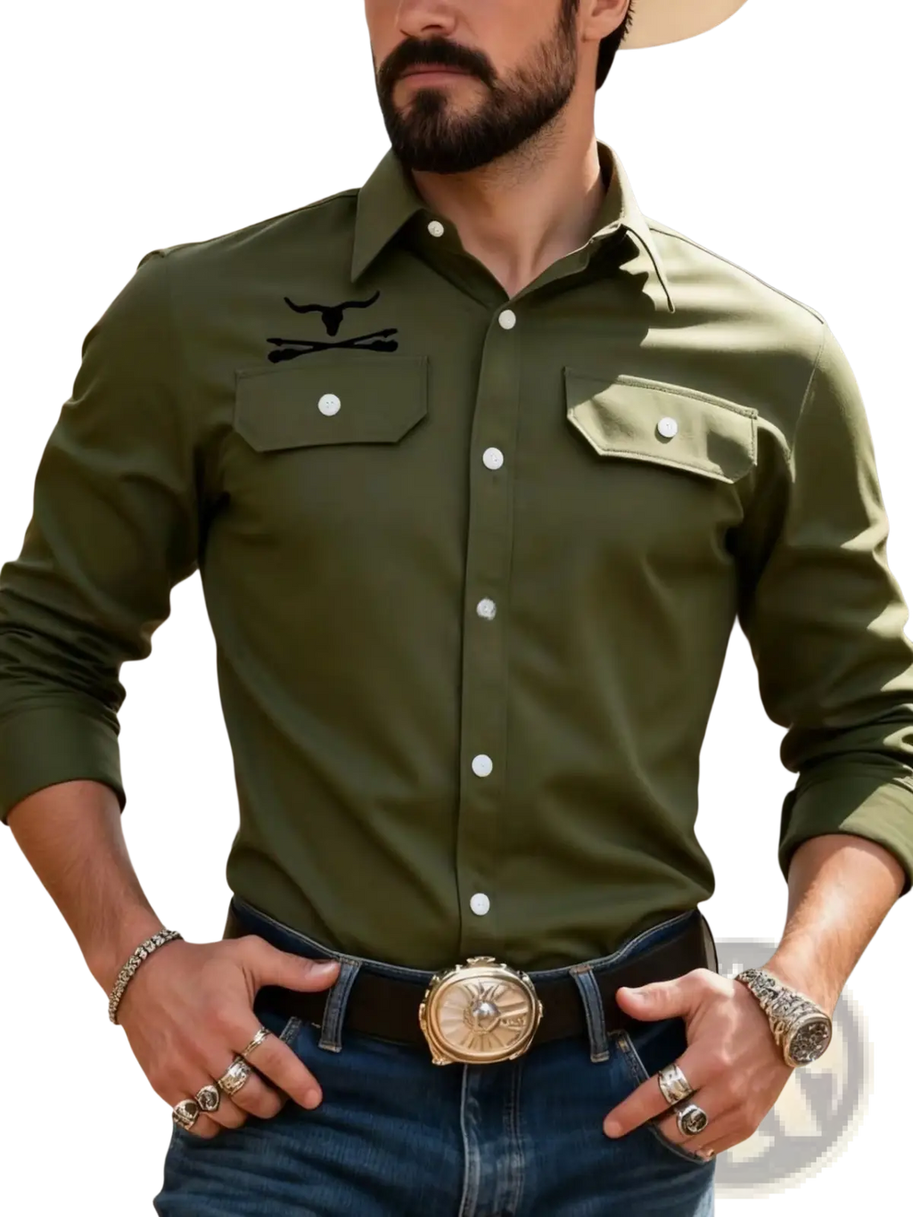 Men casual long sleeve pocket shirt in olive green with chest pockets and black embroidered bull skull logo