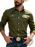 Men casual long sleeve pocket shirt in olive green with chest pockets and black embroidered bull skull logo