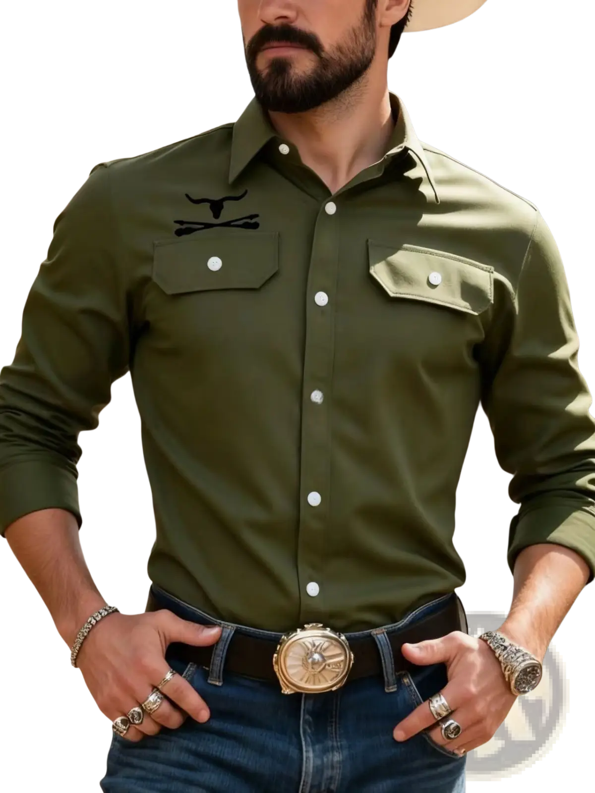 Men casual long sleeve pocket shirt in olive green with chest pockets and black embroidered bull skull logo