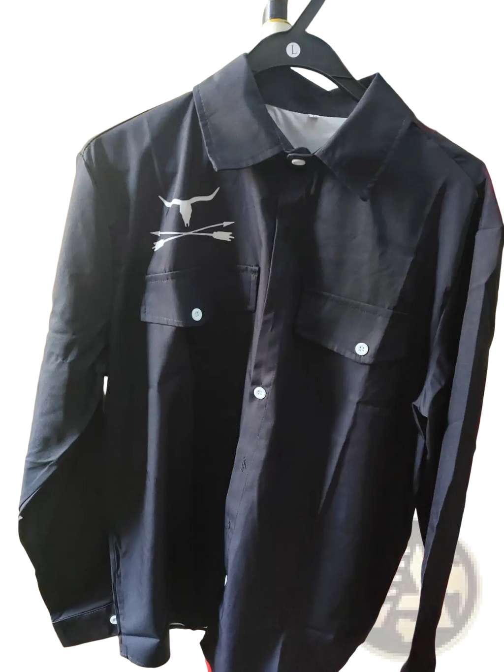 Men casual black long sleeve button-up shirt with white embroidered bull skull and arrows on left chest pocket
