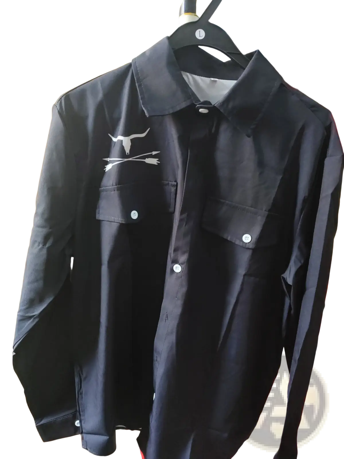 Men casual black long sleeve button-up shirt with white embroidered bull skull and arrows on left chest pocket