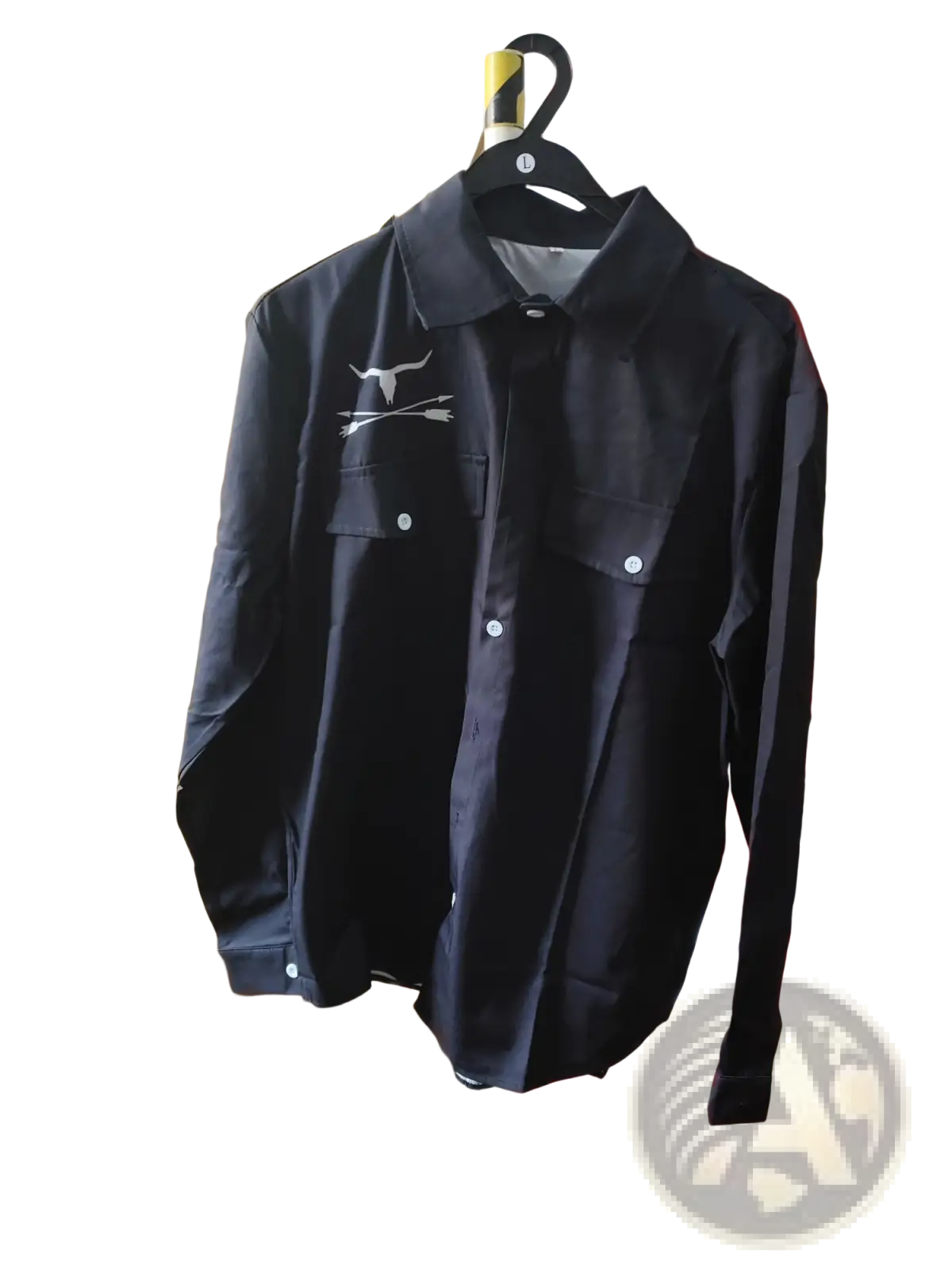 Men casual long sleeve pocket shirt in black with white embroidered bull and arrow design on left chest