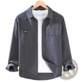 Men casual long sleeve dark gray button-up shirt with two chest pockets and a small black label on the left pocket