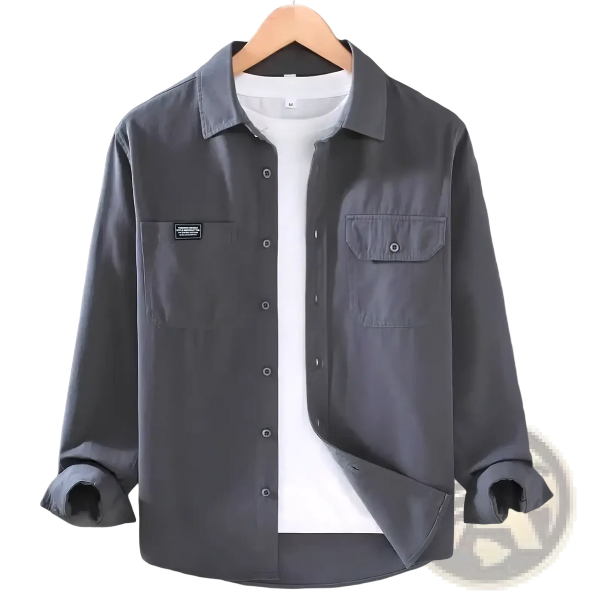 Men casual long sleeve dark gray button-up shirt with two chest pockets and a small black label on the left pocket